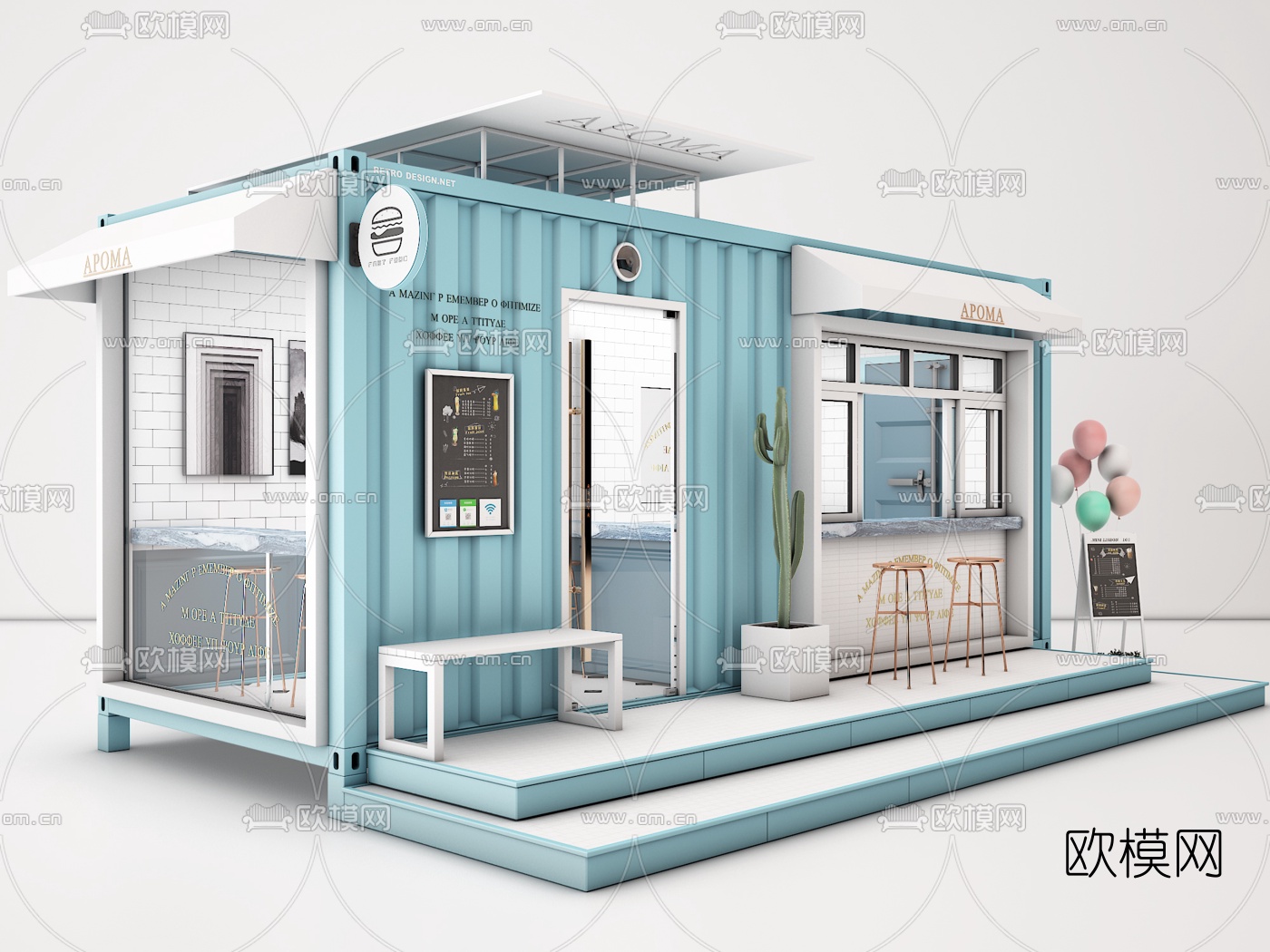工业风集装箱咖啡馆快餐厅3d模型下载