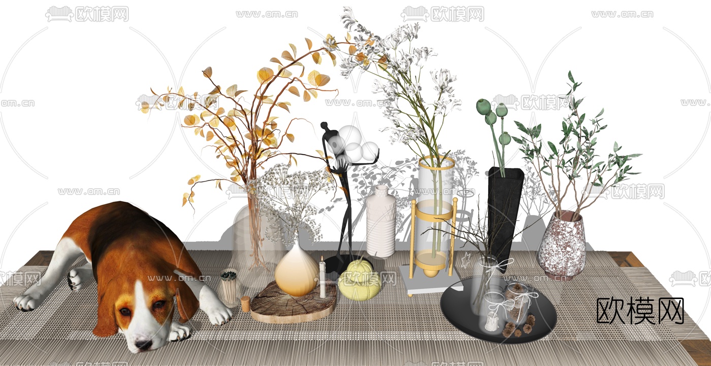 现代花瓶花卉狗摆件su模型下载（渲染图1）