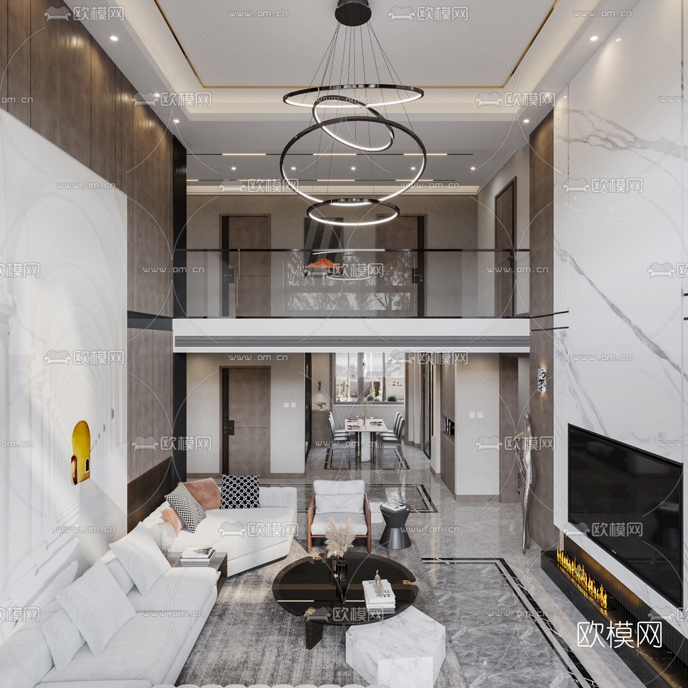 现代轻奢别墅大堂餐厅3d模型
