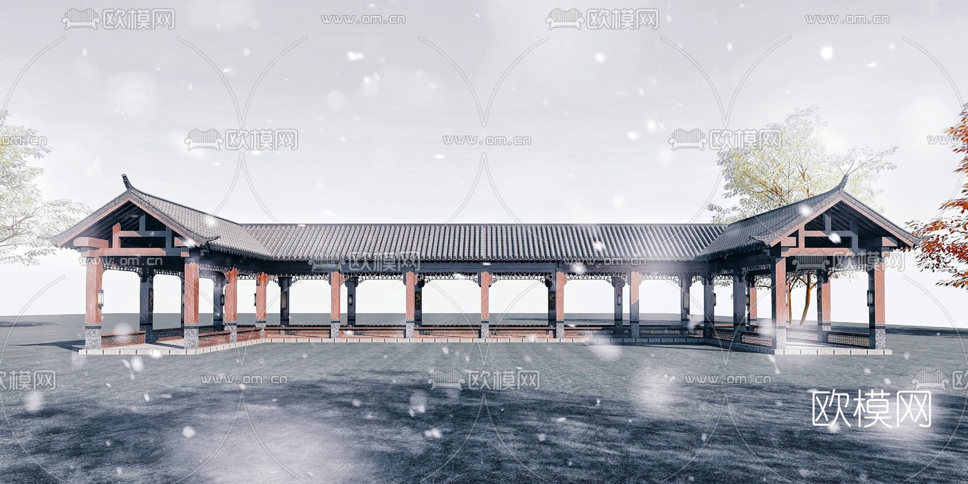 中式休闲长廊古典园林建筑3d模型