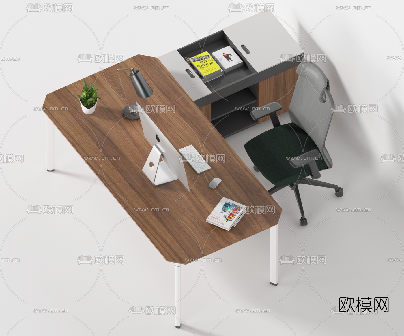 现代班台桌办公桌椅3d模型下载（渲染图5）