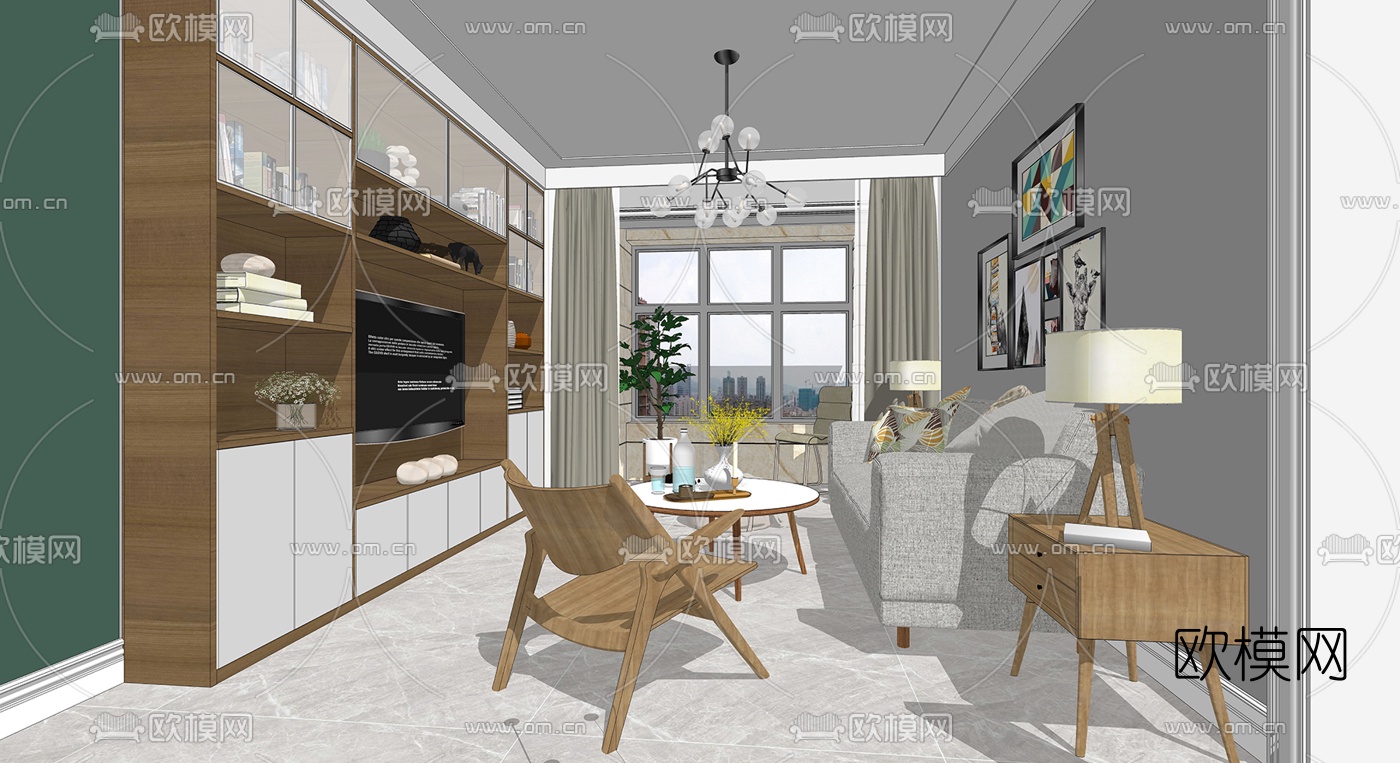 北欧客厅餐厅su模型下载（渲染图2）