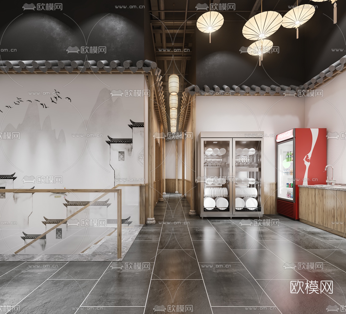 新中式中餐厅楼梯过道3d模型