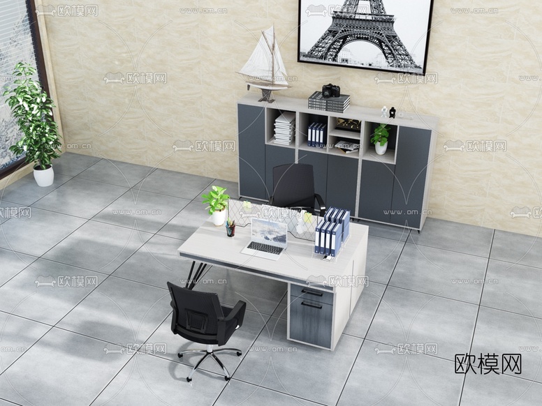 现代屏风卡位办公桌椅3d模型下载(渲染图3)