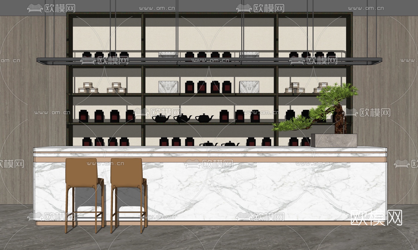 新中式服务台水吧台su模型下载