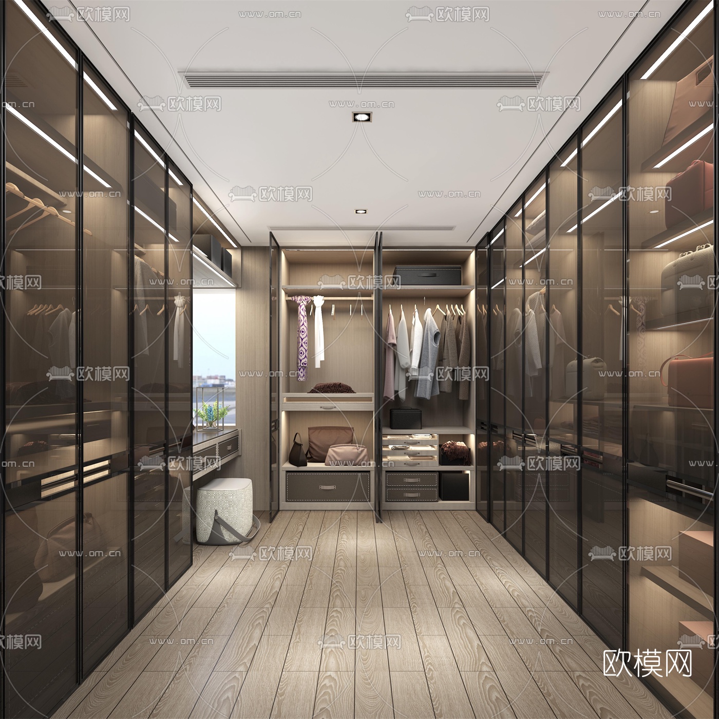 现代轻奢衣帽间3d模型下载（渲染图1）