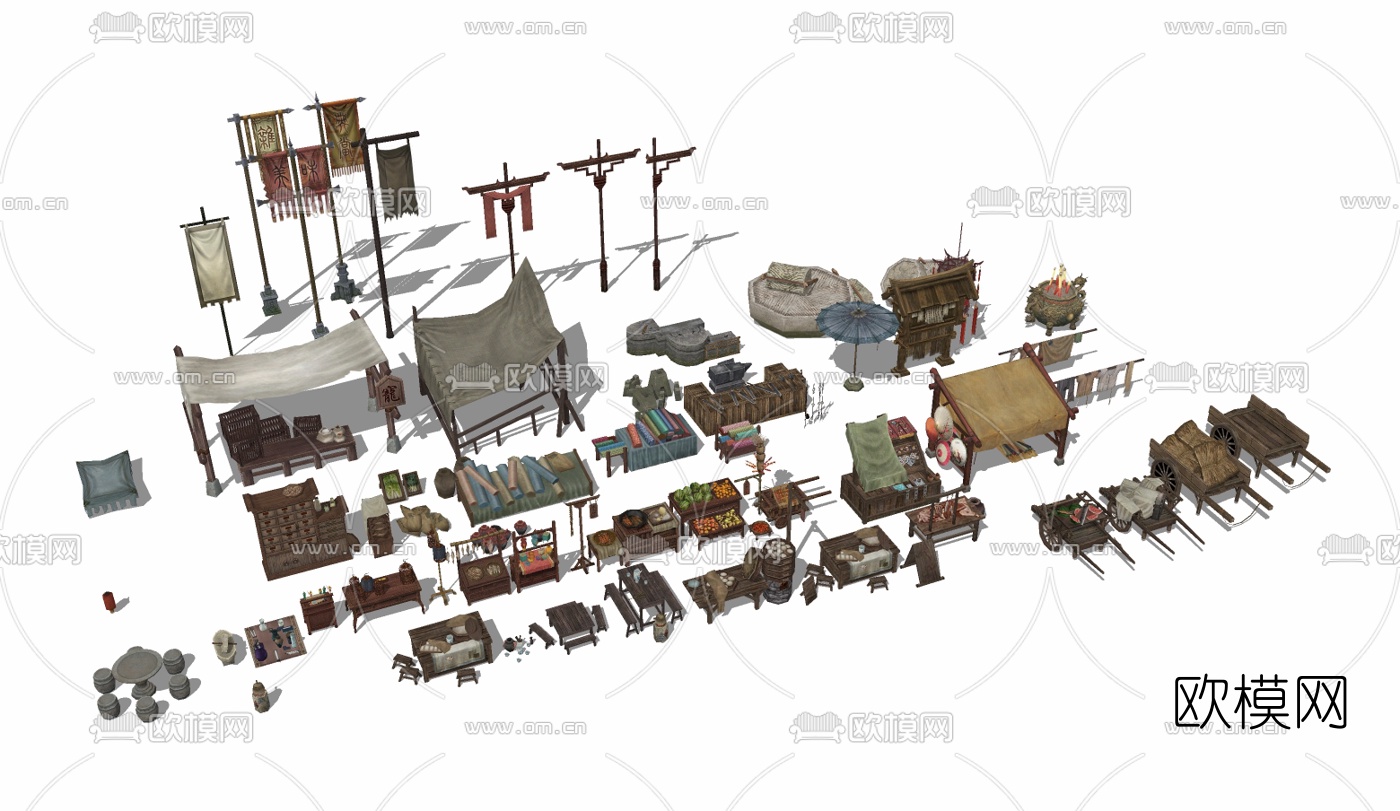 中式老街商铺小吃摊su模型下载