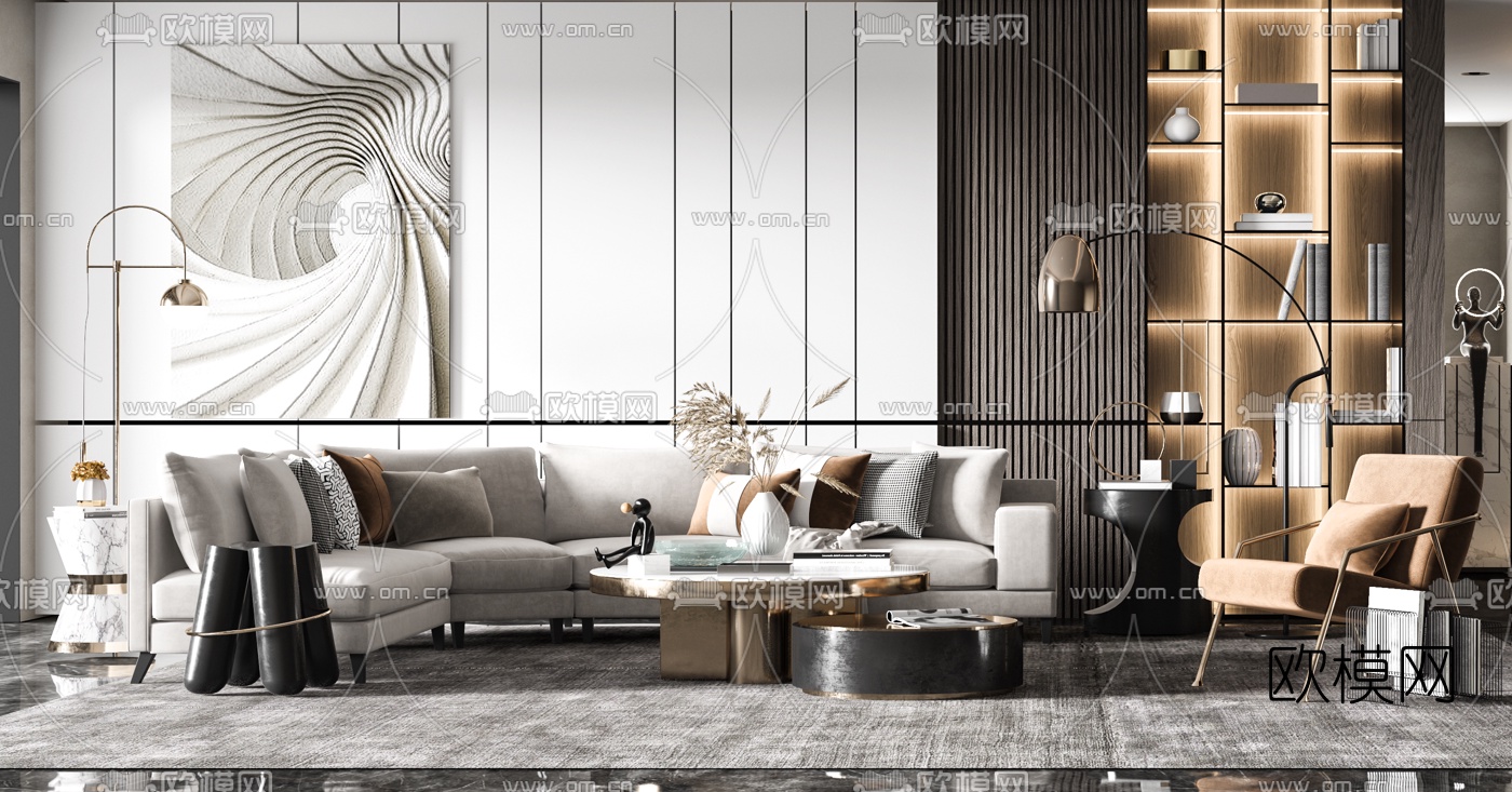 现代布艺转角沙发组合3d模型下载（渲染图2）