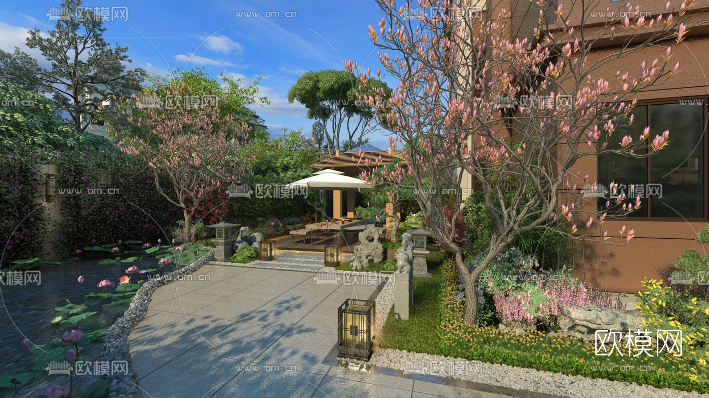 新中式别墅庭院花园3d模型