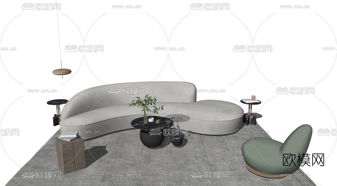 现代布艺弧形沙发组合su模型-免费3dmax模型库-欧模网
