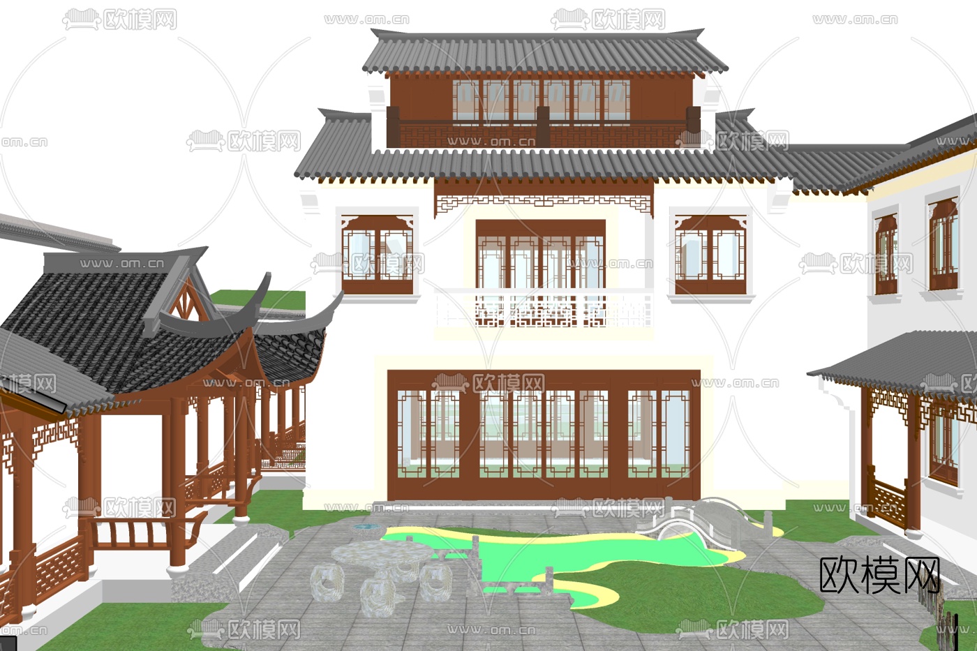 新中式独栋别墅外观su模型-免费3dmax模型库-欧模网