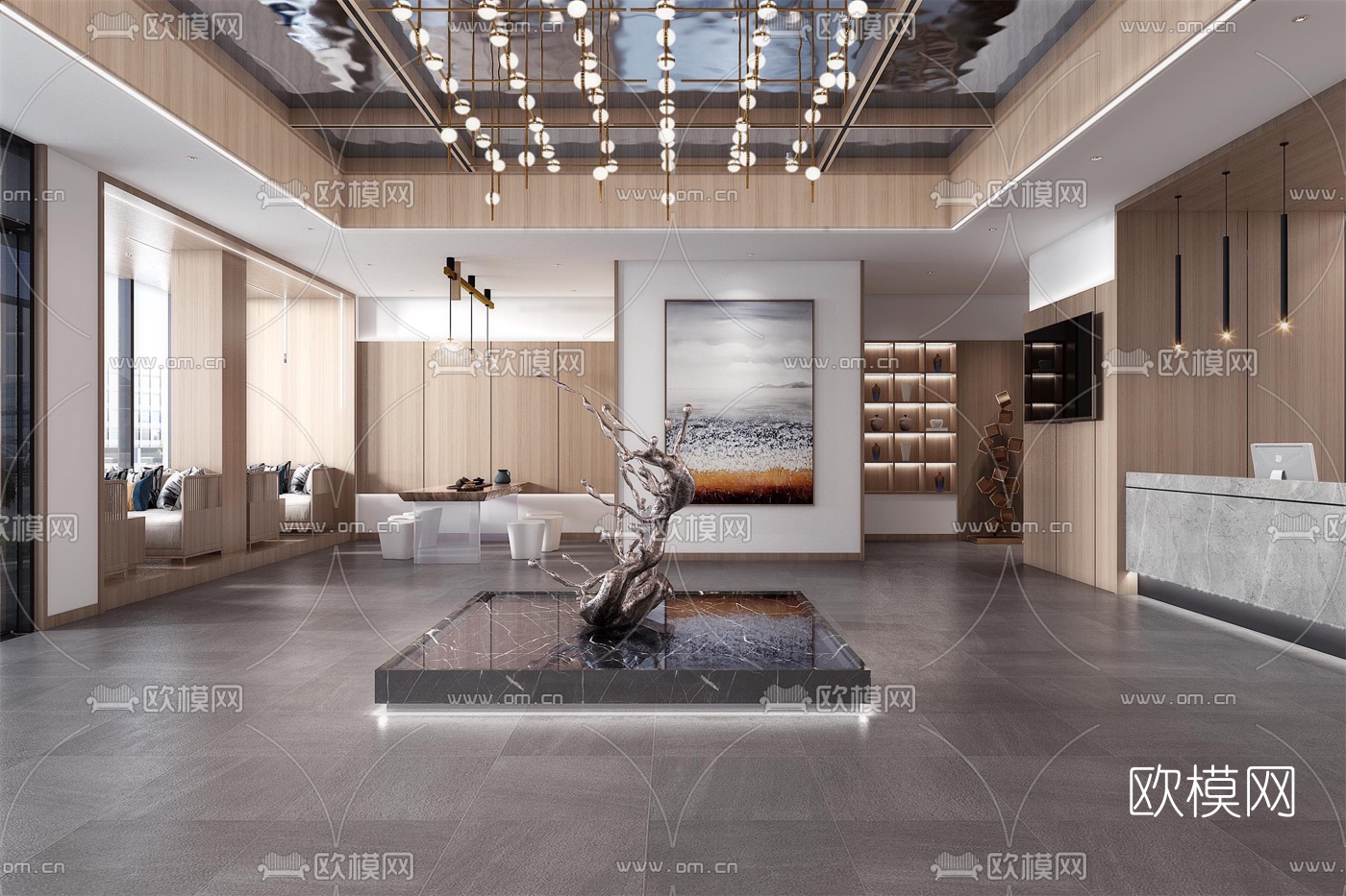 现代轻奢酒店大堂前台3d模型下载（渲染图2）