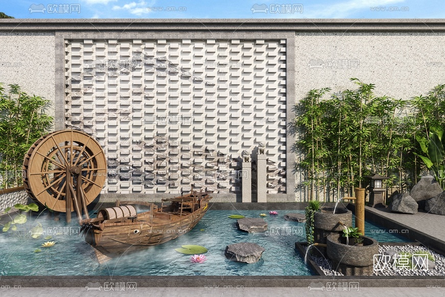 中式竹流水木船水车水景小品3d模型下载