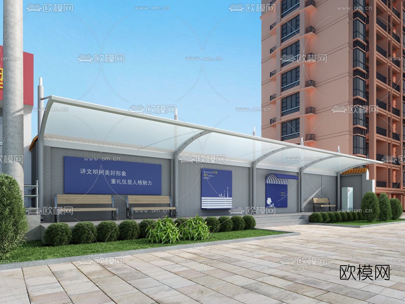 现代小区广场遮阳棚3d模型下载