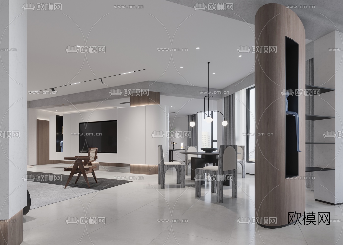 现代高级灰客厅餐厅书房3d模型下载（渲染图3）