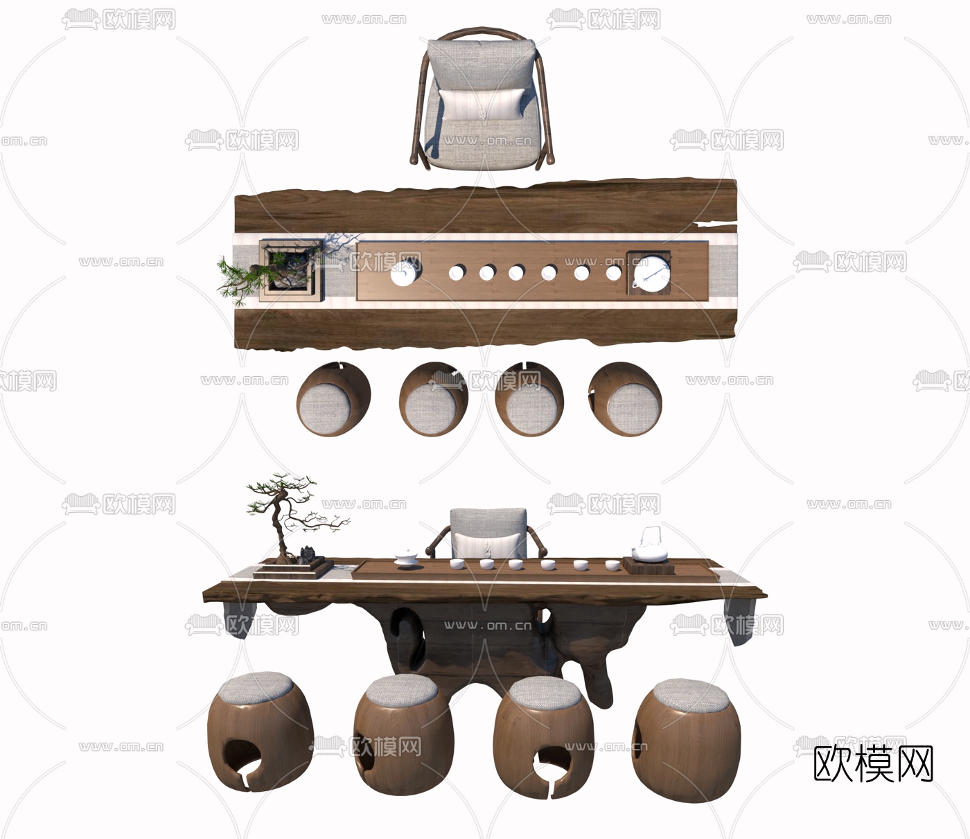 新中式实木茶桌椅su模型下载