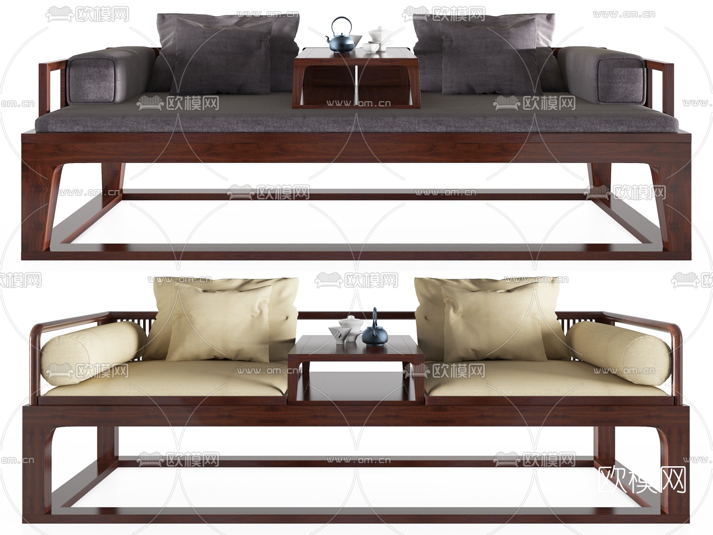 新中式实木双人沙发3d模型下载