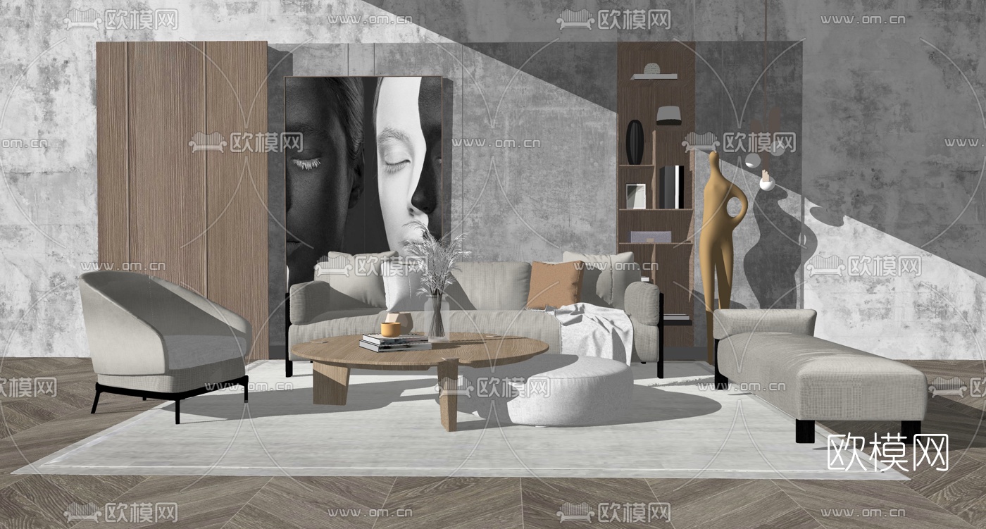 现代布艺沙发组合su模型下载（渲染图2）