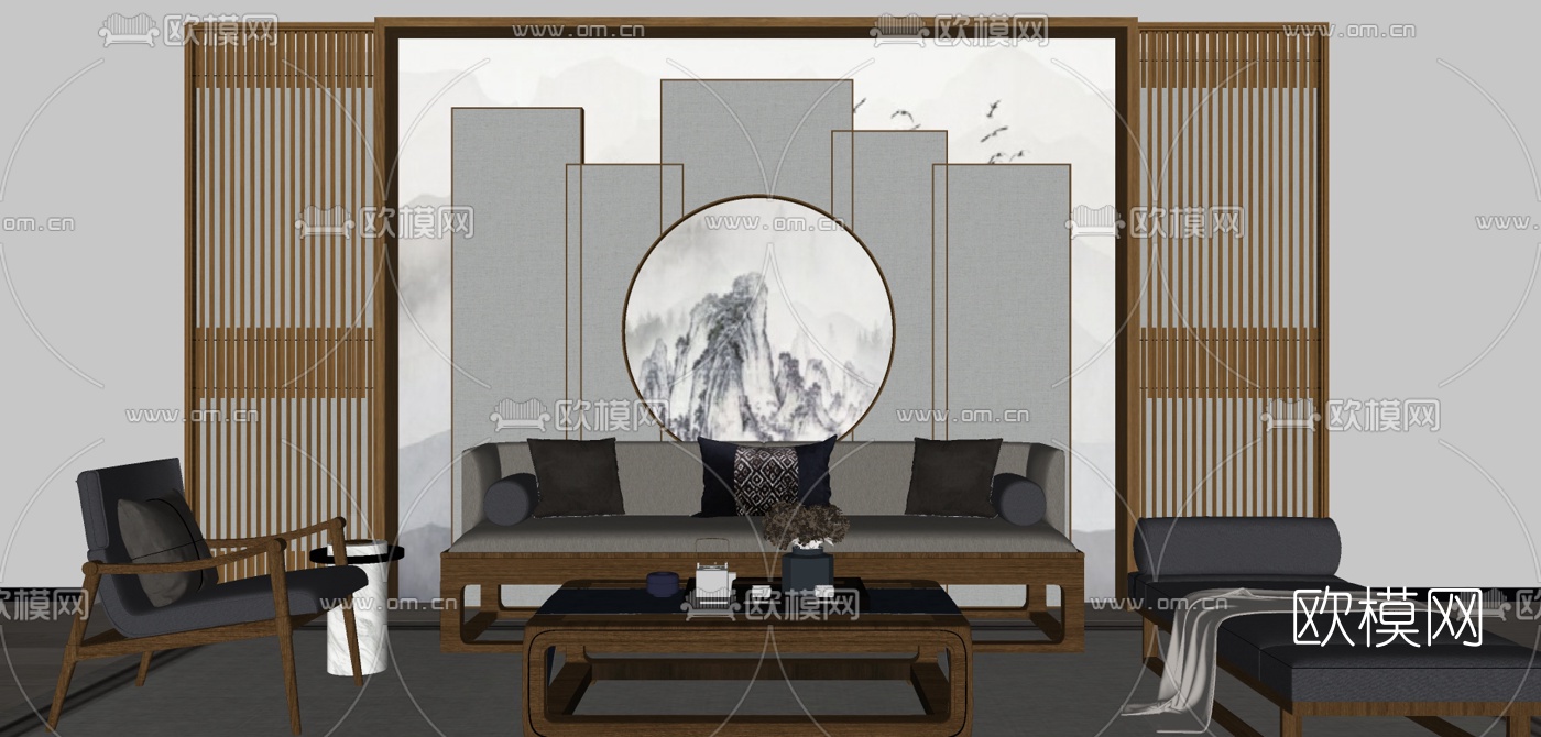 新中式布艺沙发组合su模型下载（渲染图2）