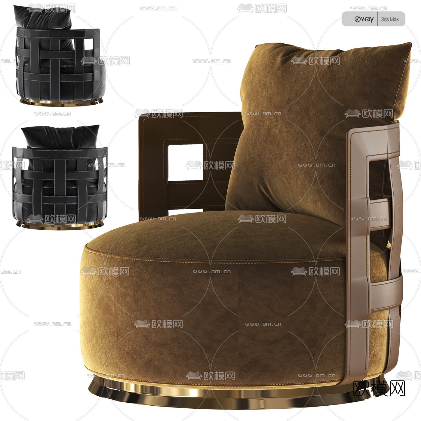 现代绒布皮革单人沙发免费3d模型下载（渲染图2）