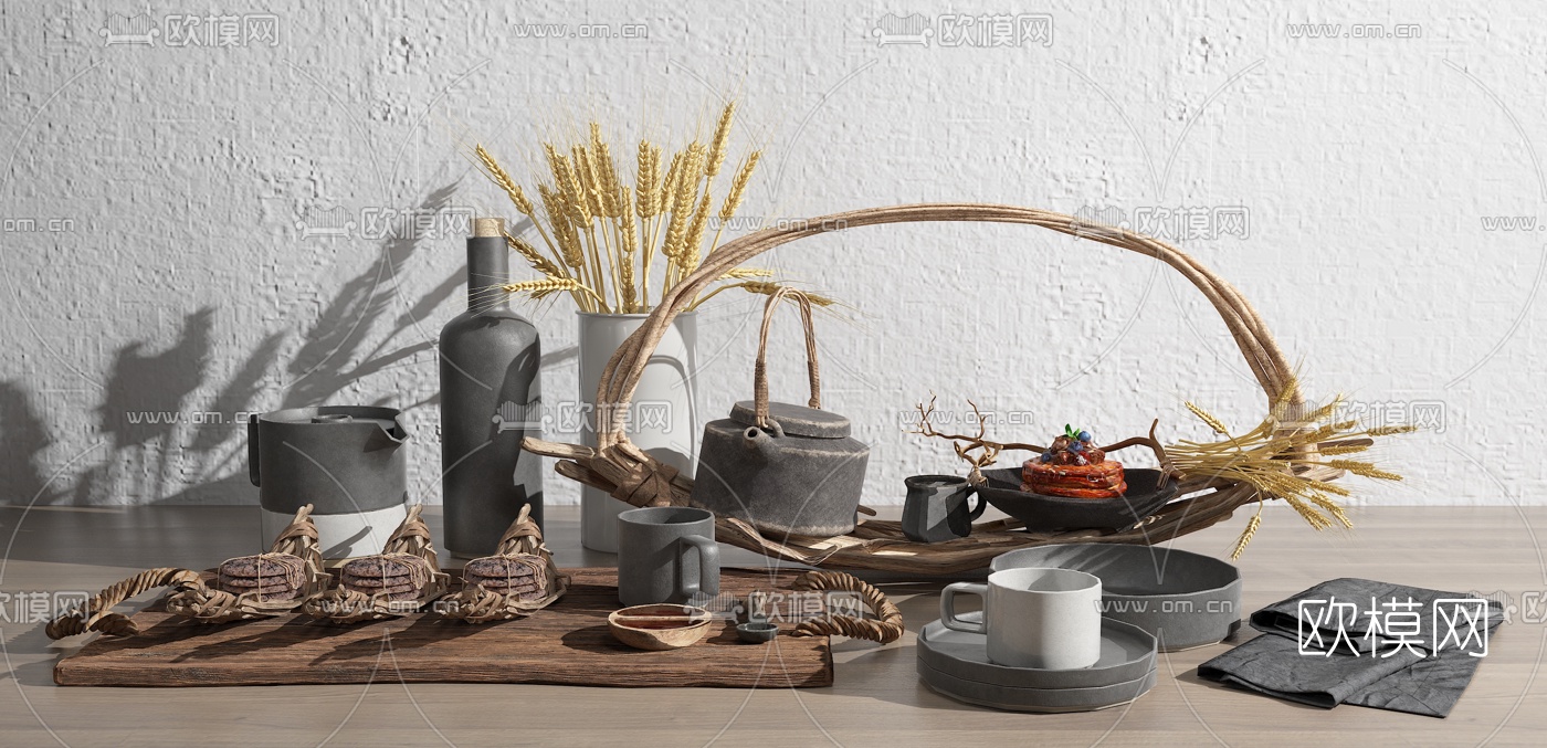 自然风托盘茶壶茶具杯子3d模型下载