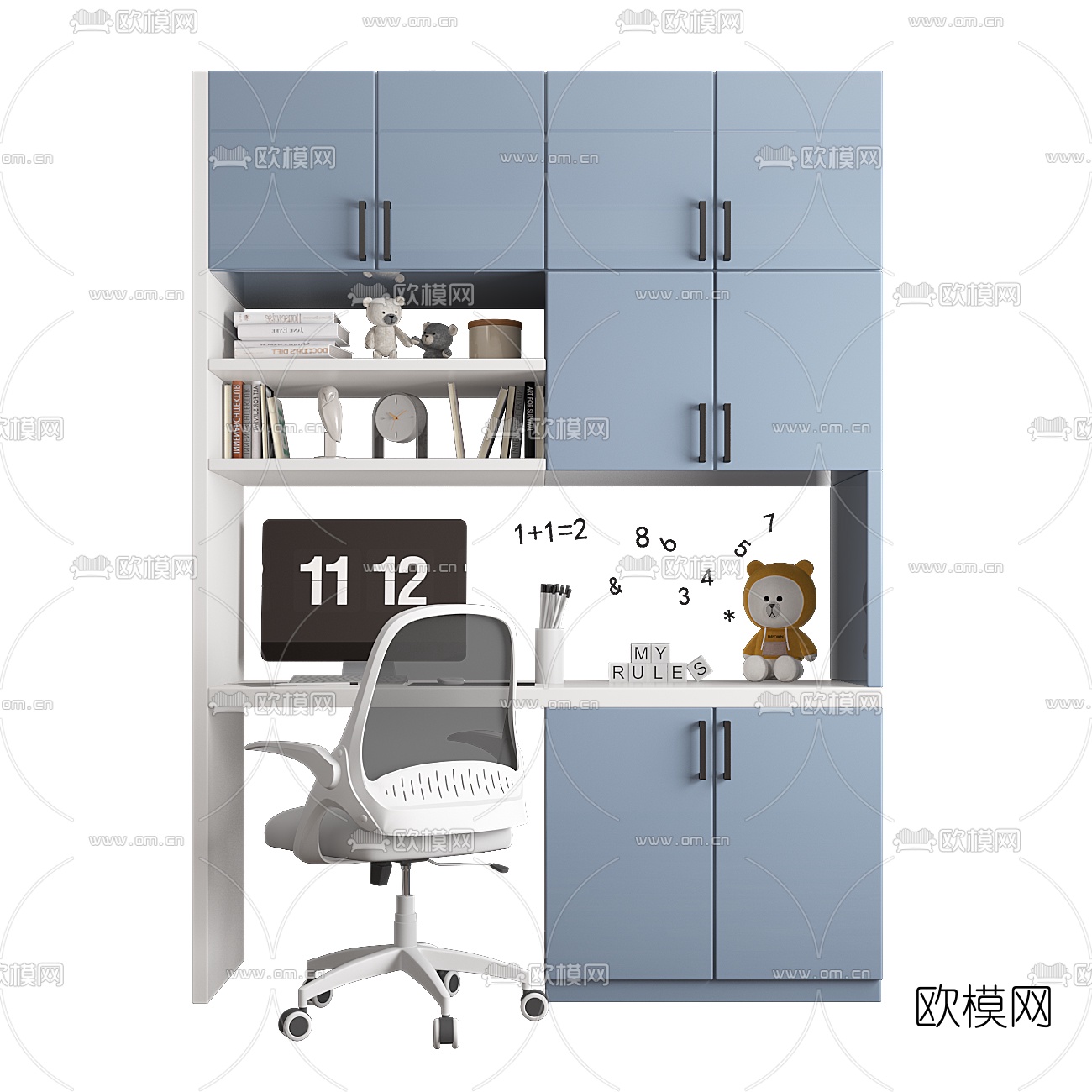 现代儿童书柜书桌椅3d模型下载（渲染图3）