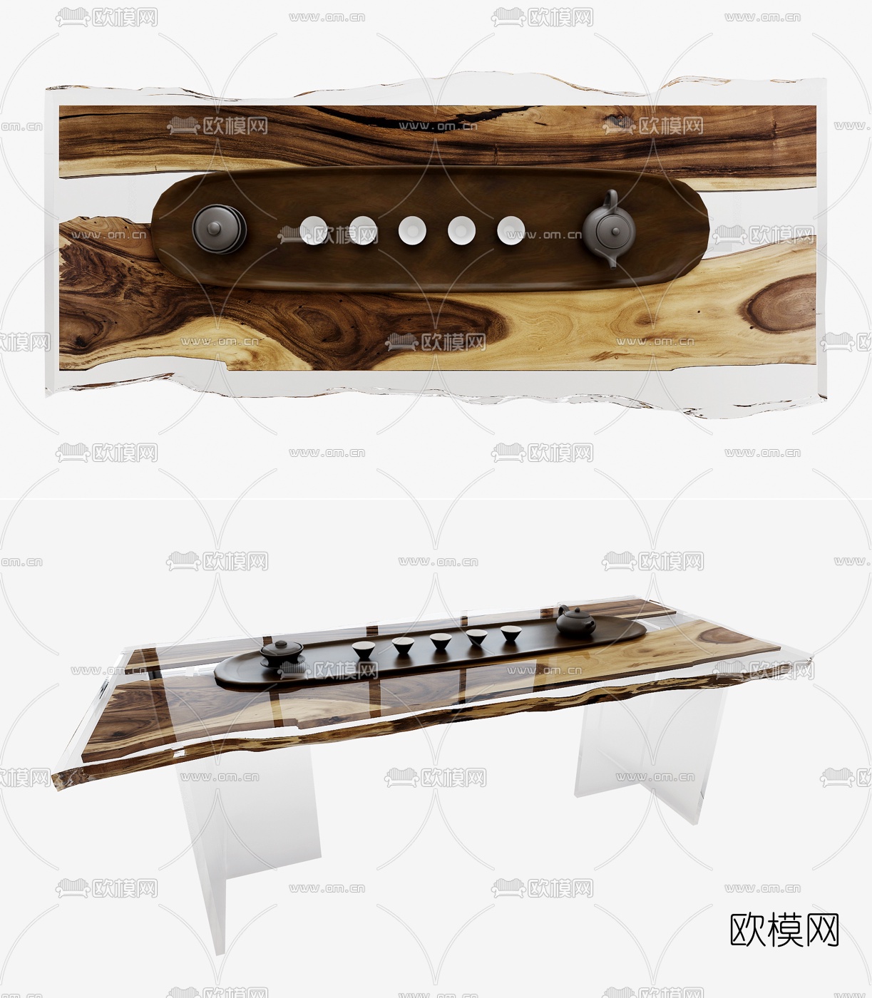 新中式树纹玻璃茶桌3d模型下载（渲染图1）