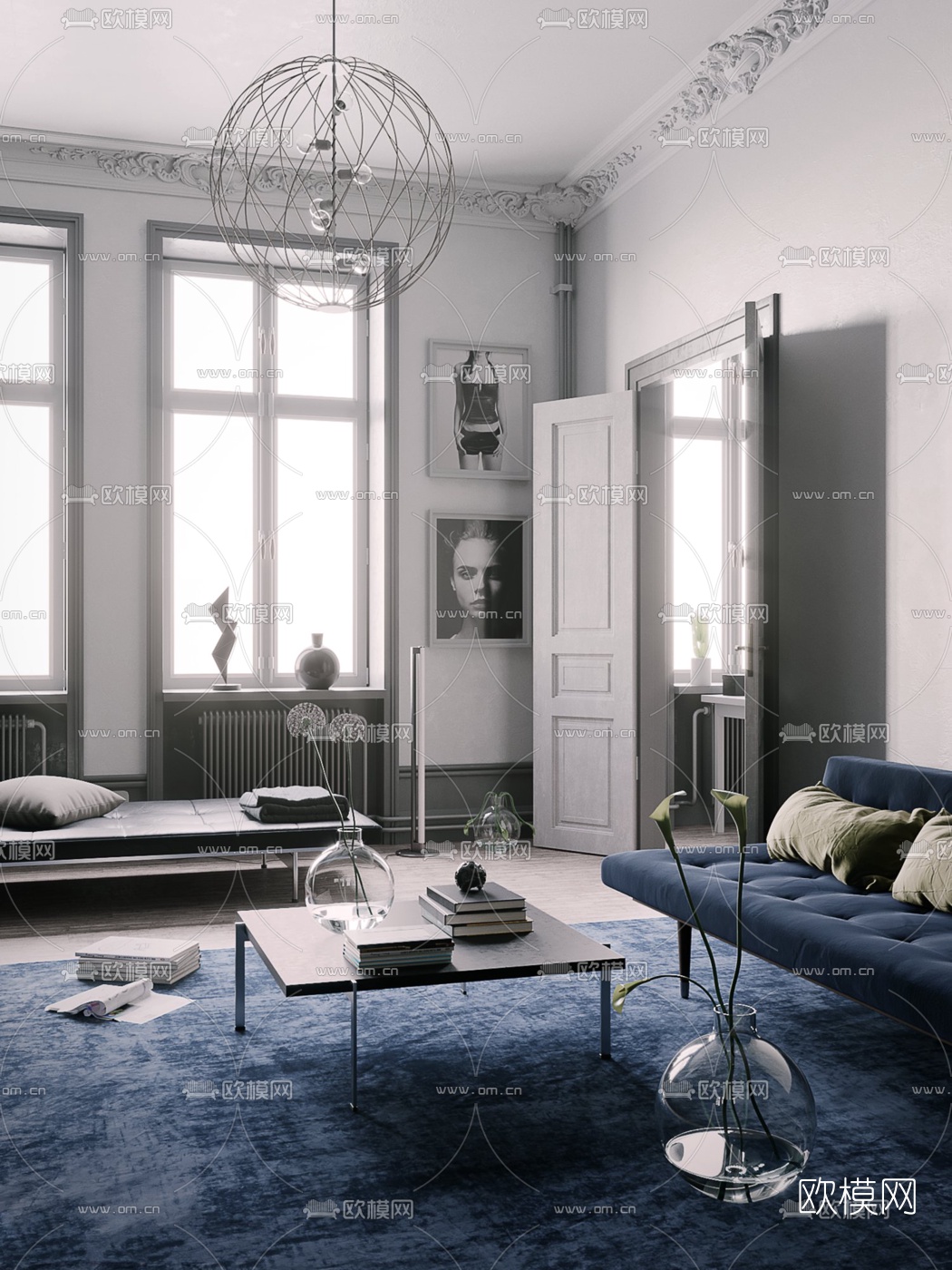 简欧布艺沙发组合免费3d模型下载