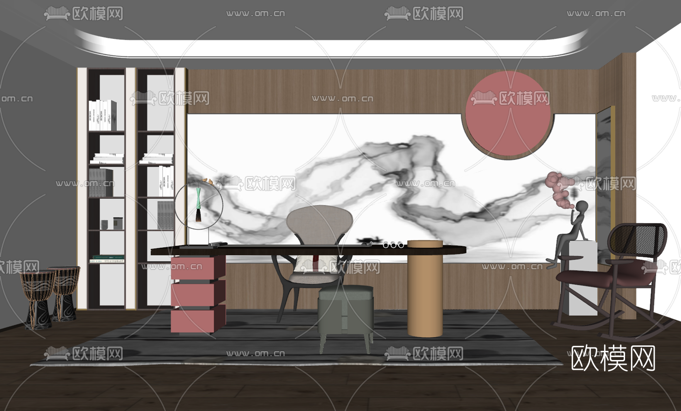 新中式书房su模型下载（渲染图2）