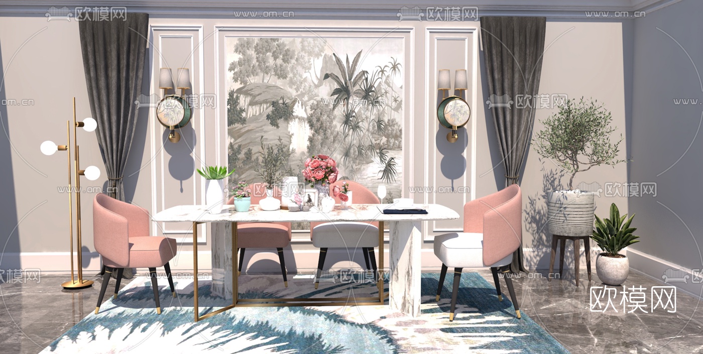 现代轻奢餐桌椅组合su模型