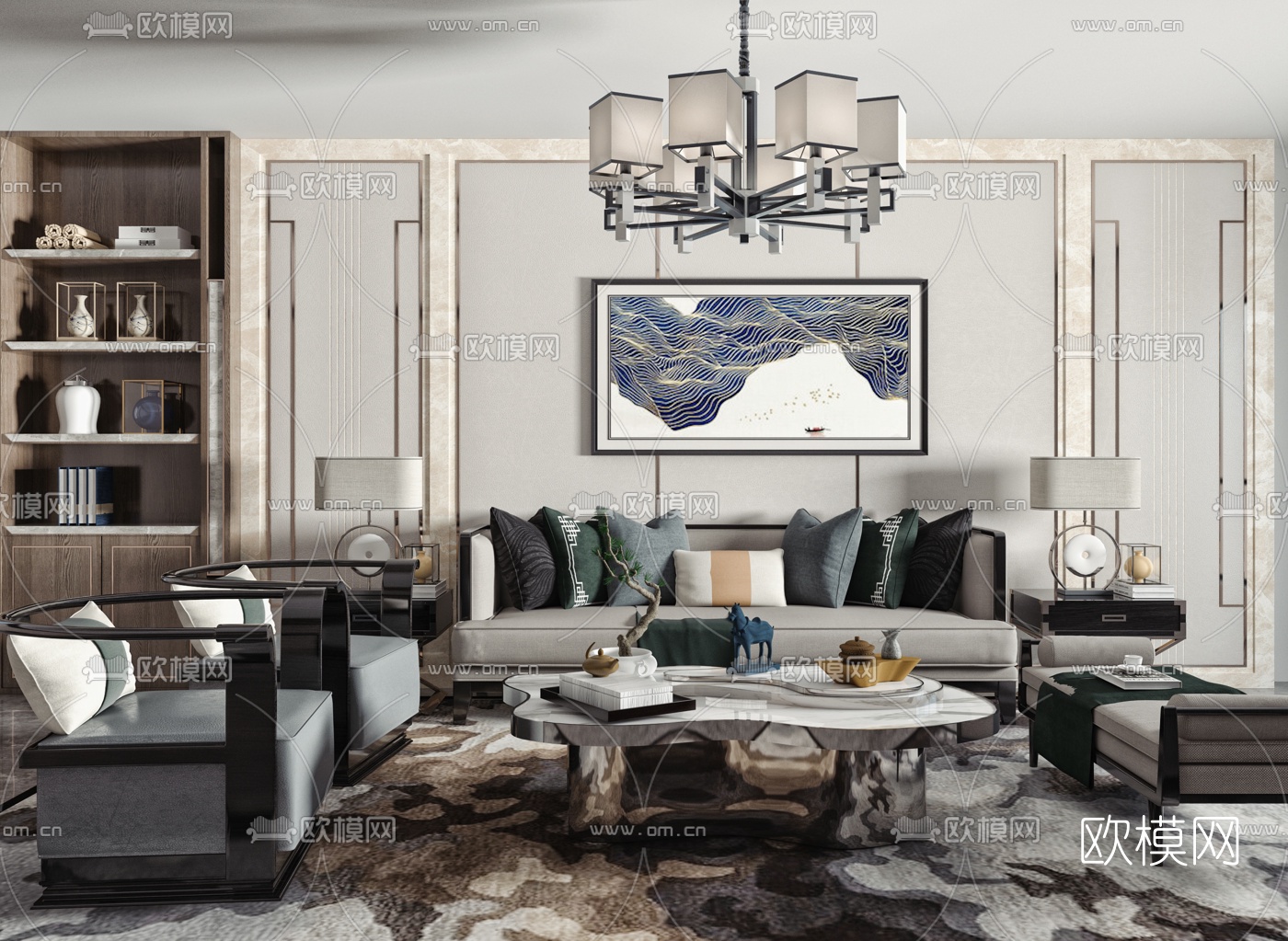 新中式布艺沙发组合3d模型-免费3dmax模型库-欧模网