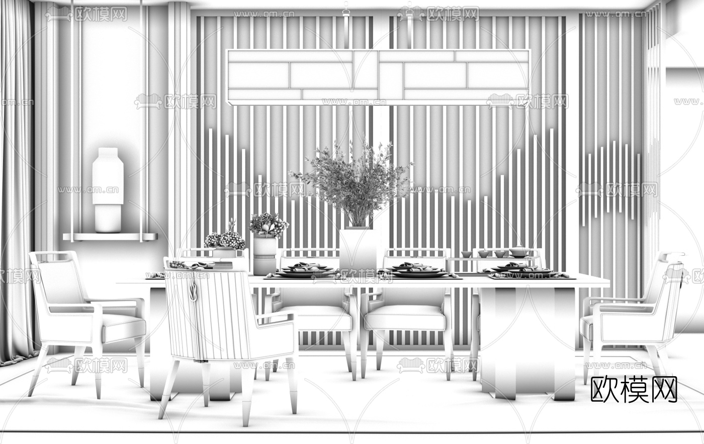 新中式轻奢餐桌椅3d模型