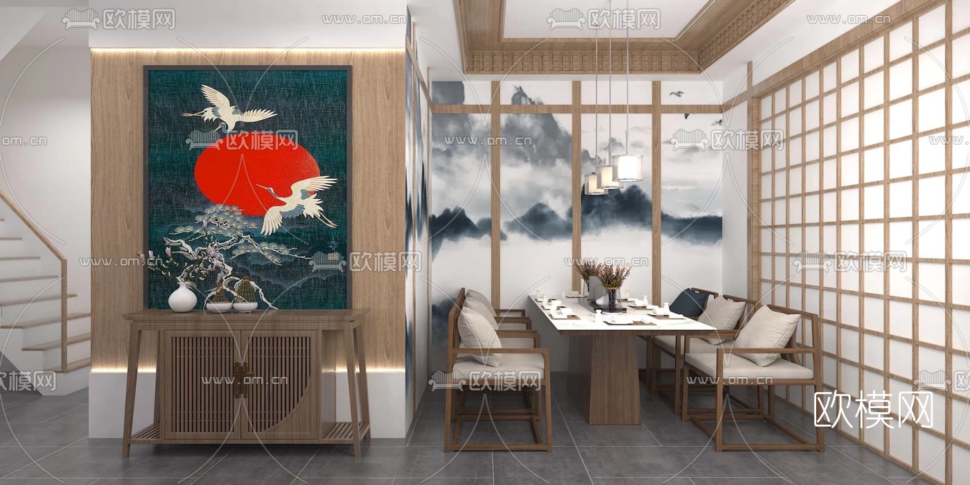 日系客厅餐厅免费3d模型下载（渲染图2）