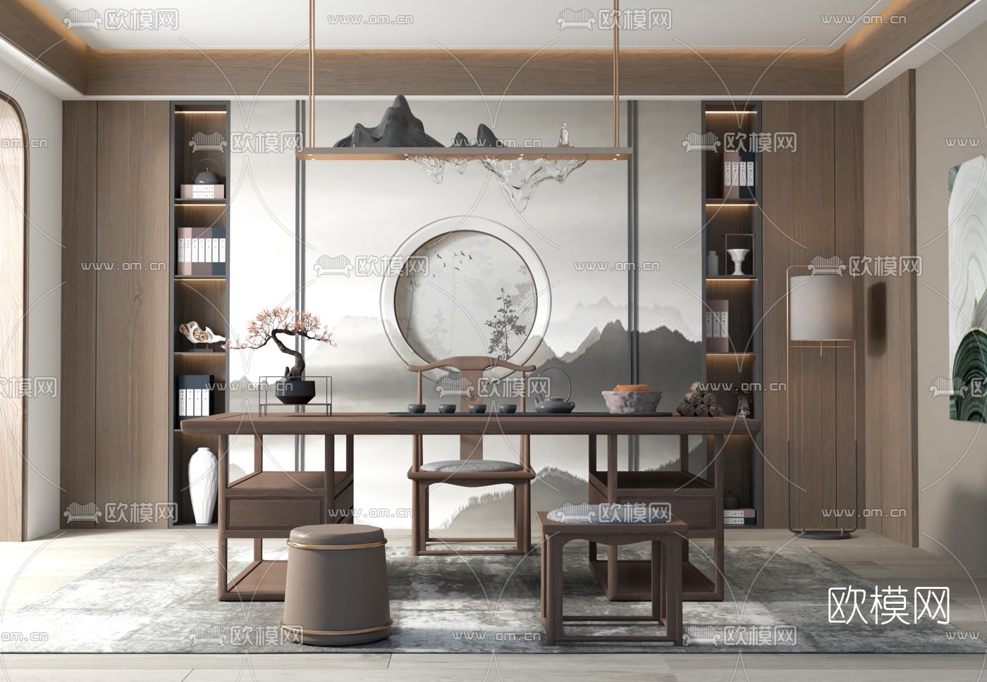 新中式书房su模型下载（渲染图2）