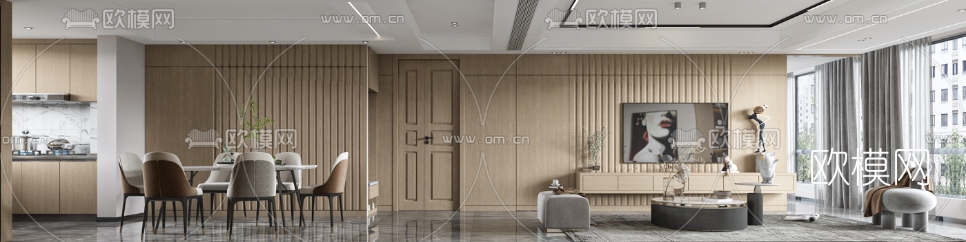 现代轻奢客厅餐厅3d模型下载（渲染图2）