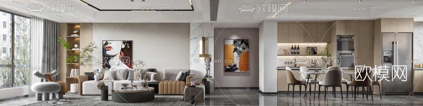 现代轻奢客厅餐厅3d模型下载（渲染图3）