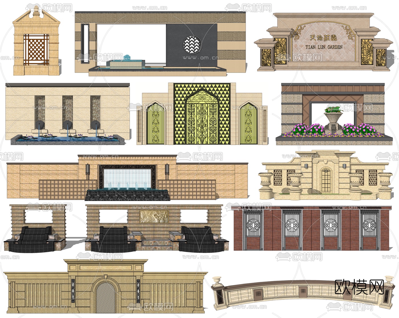 欧式景观墙su模型下载
