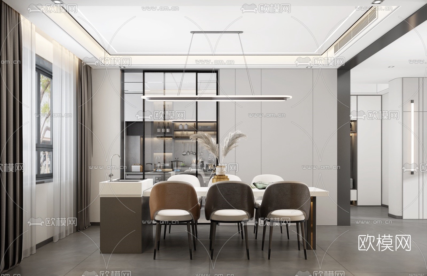 现代高级灰客厅餐厅3d模型下载（渲染图3）