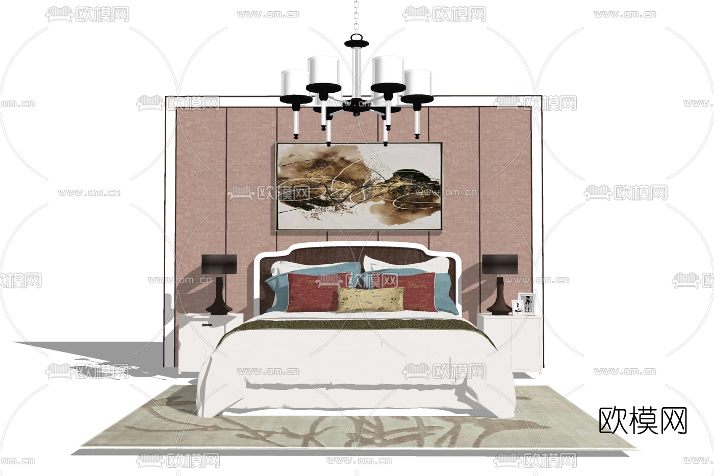 现代布艺双人床免费su模型下载
