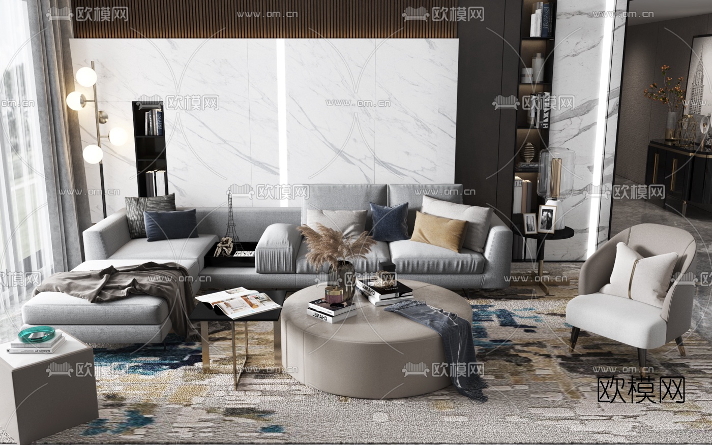 现代布艺转角沙发组合3d模型