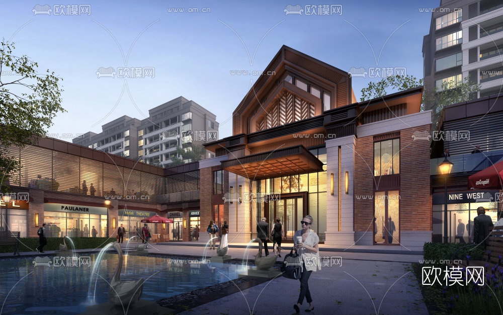 现代傍晚商业街su模型下载（渲染图1）