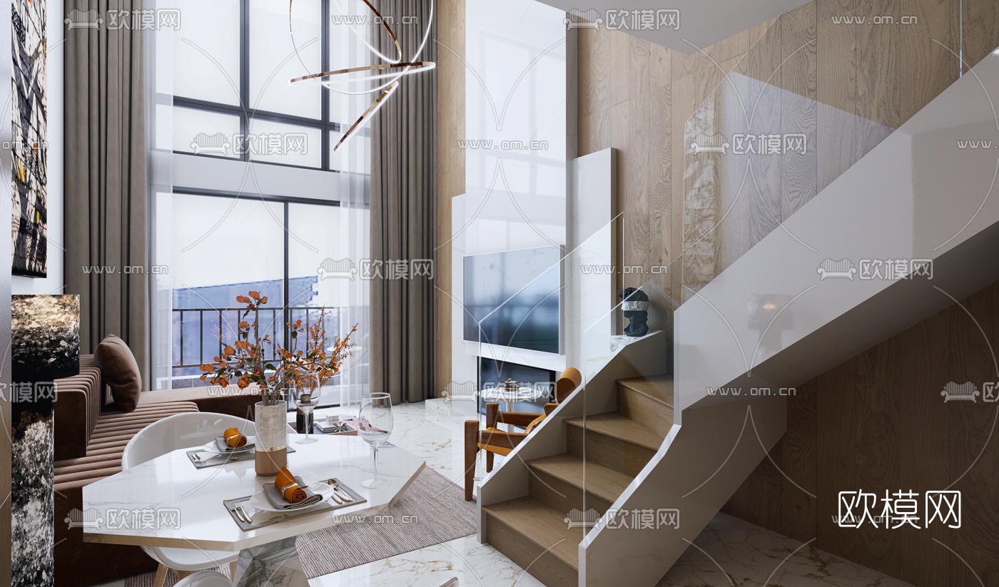现代复式公寓客厅餐厅3d模型