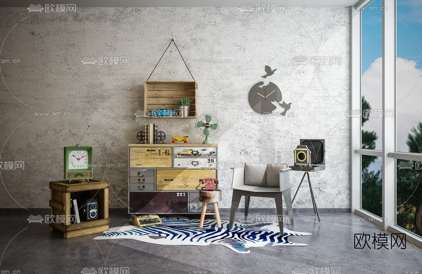 工业风实木边柜3d模型下载