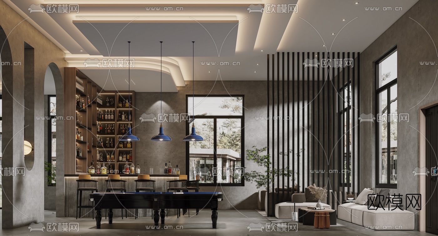 侘寂酒店会所大堂前台中庭休息区3d模型下载（渲染图5）