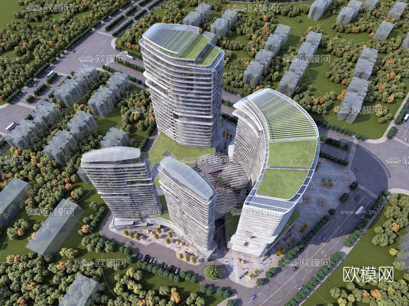 现代办公楼商业市中心鸟瞰3d模型