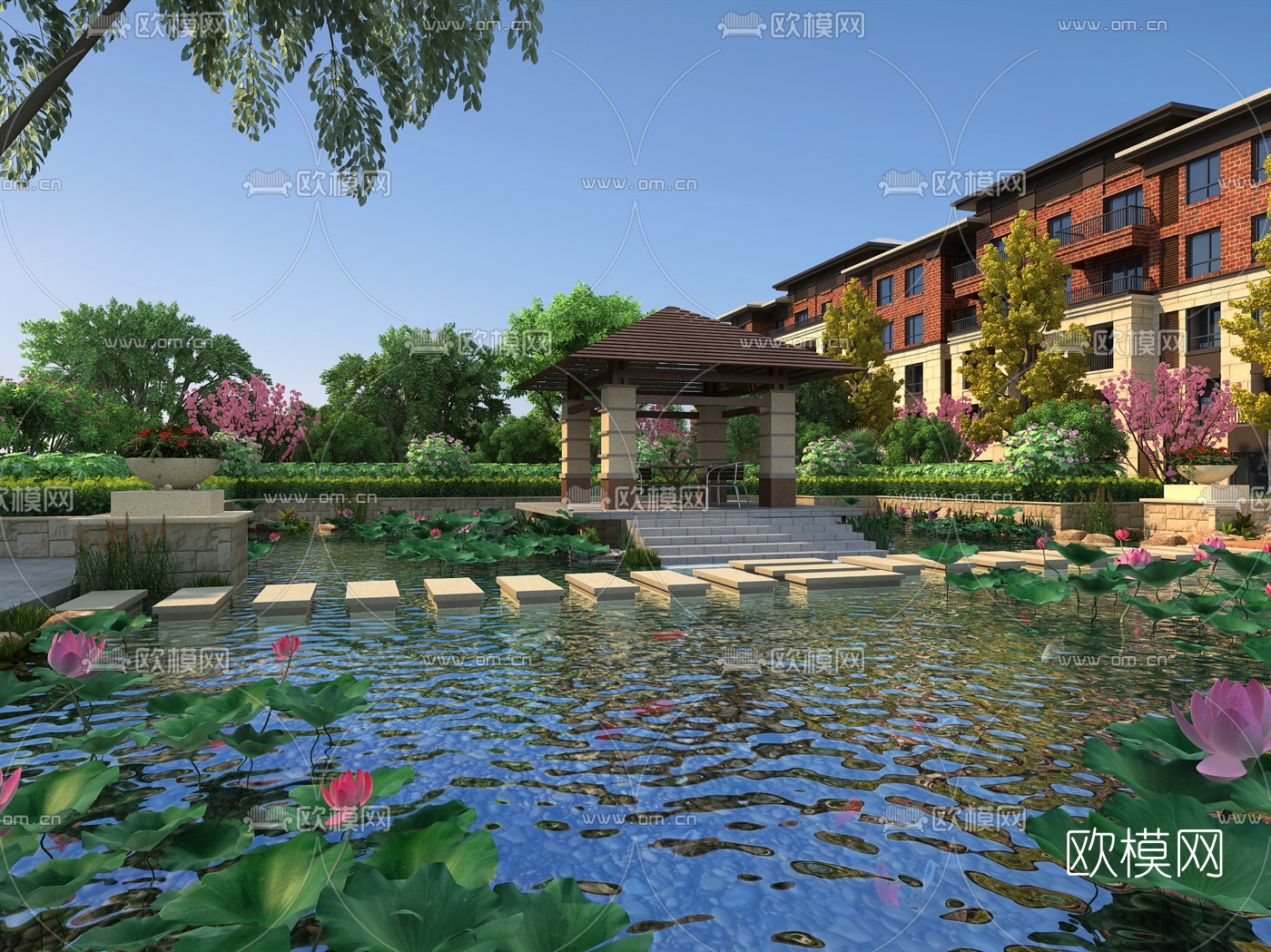现代小区园林荷花水景3d模型