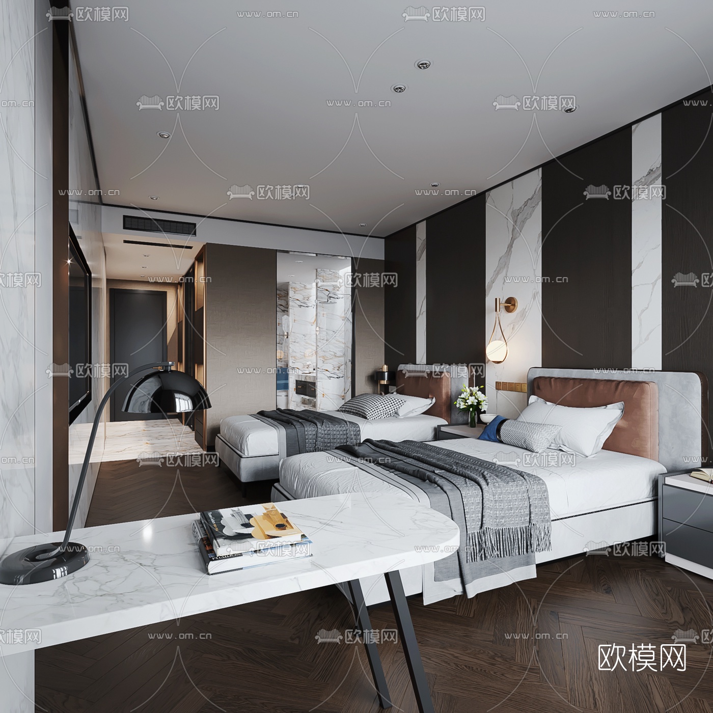 现代酒店客房双床房3d模型