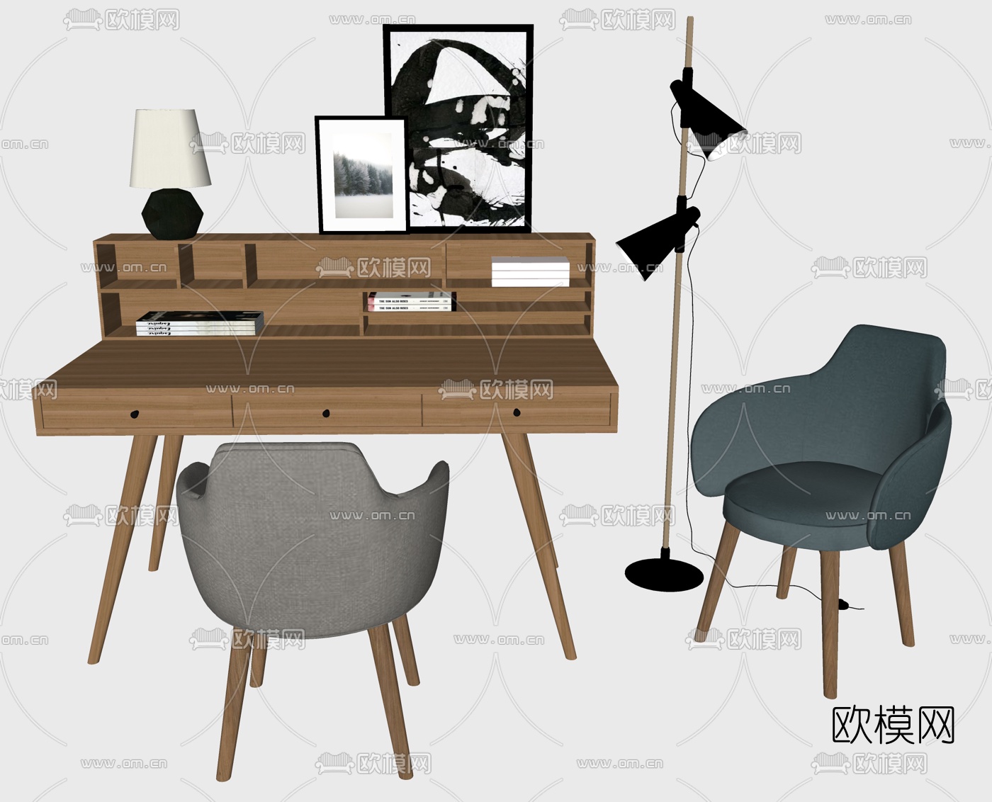 北欧实木书桌椅su模型下载