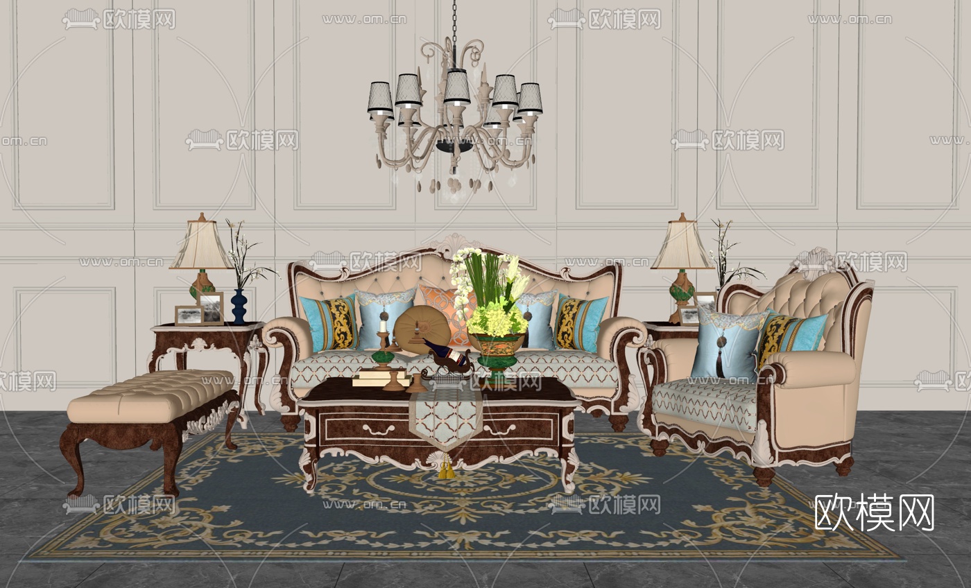 欧式布艺组合沙发su模型下载