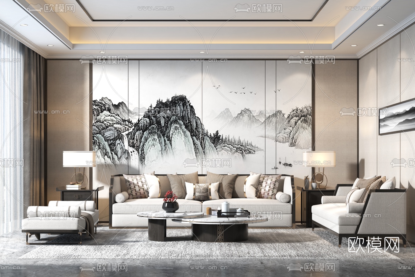 新中式布艺沙发组合3d模型